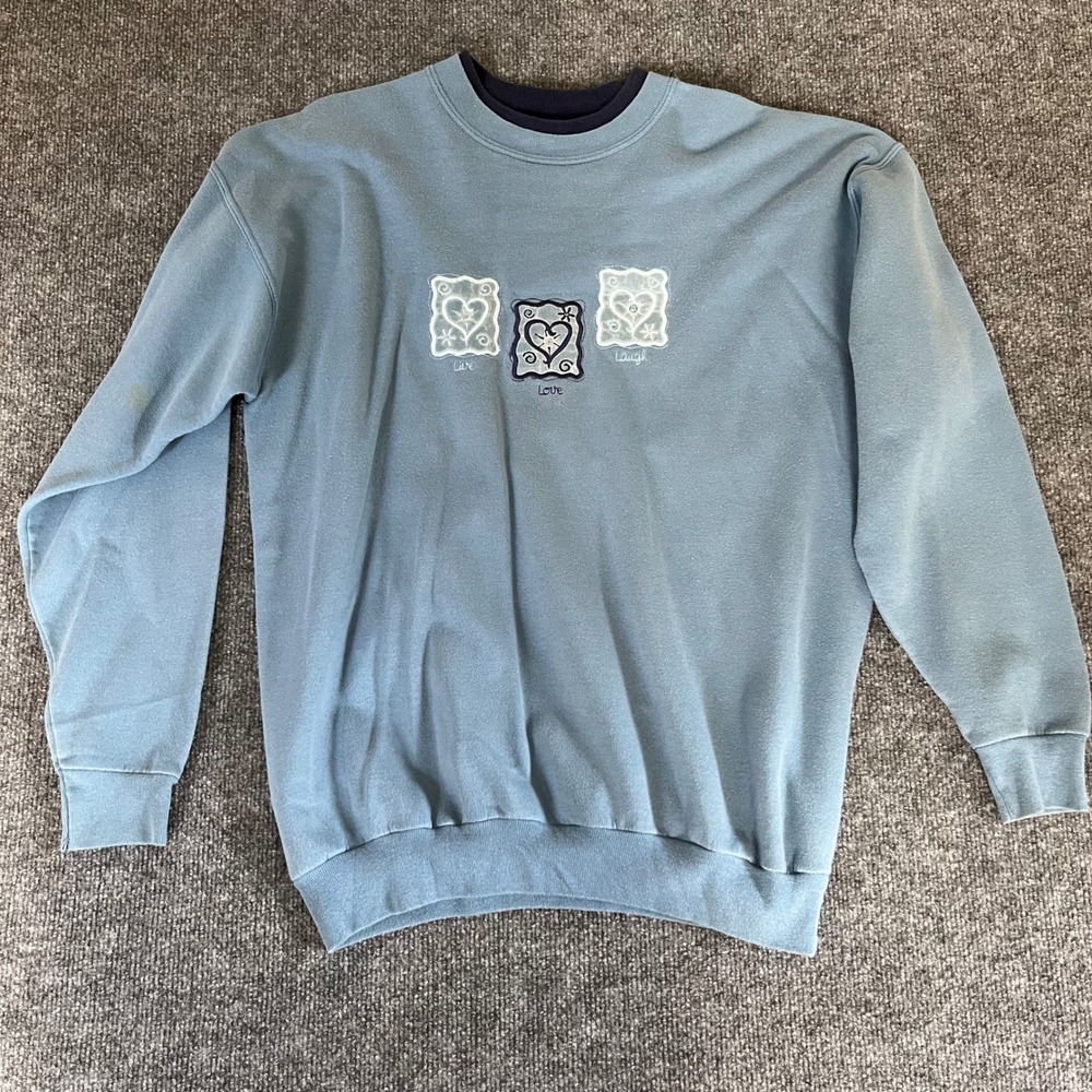 Vintage Live Love Laugh Heart Embroidered Crewneck Sweatshirt Blue Layered Neck